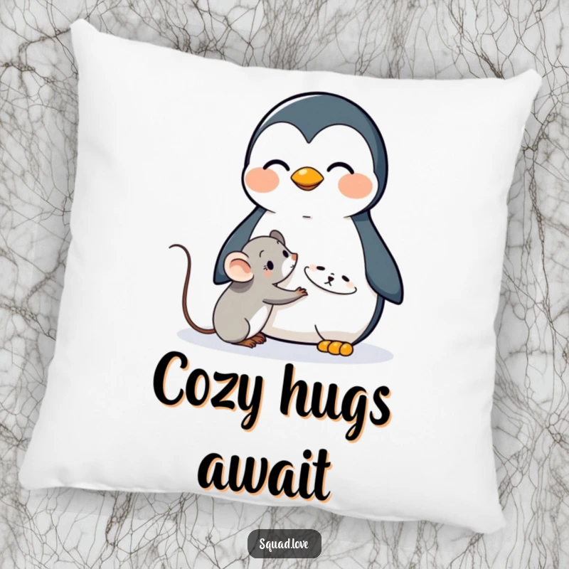 Funny decorative pillow showcasing a happy penguin giving a comforting hug to a shy mouse, perfect for adding charm and softness.