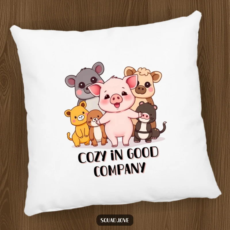 Funny piglet and friends pillow showing a happy piglet holding hands with a diverse group of animals, perfect for cozy unity.