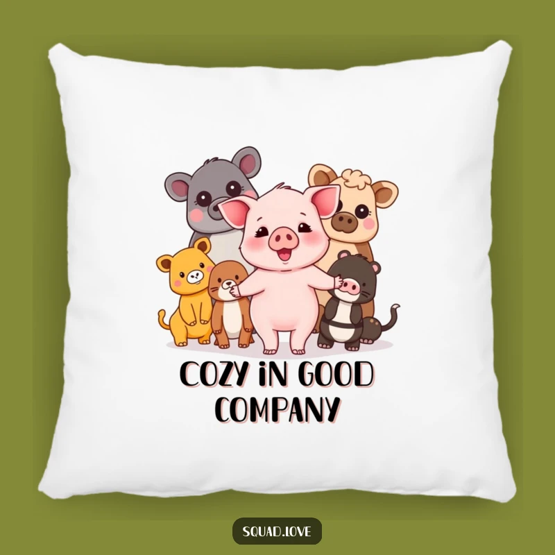 Cozy Funny Piglet & Friends Pillow: Diverse Animals Unite, Comforting Friendship Gift