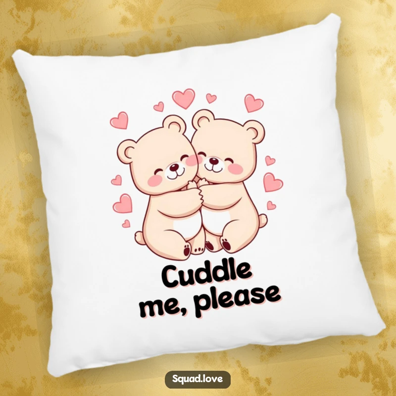 Funny pillow featuring two cheerful bears hugging tightly, surrounded by hearts, for cozying and comfort.