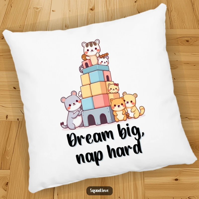 Funny pillow adorned with a charming illustration of kawaii animals cooperatively building an impressive block tower, ideal for comfort and decor.