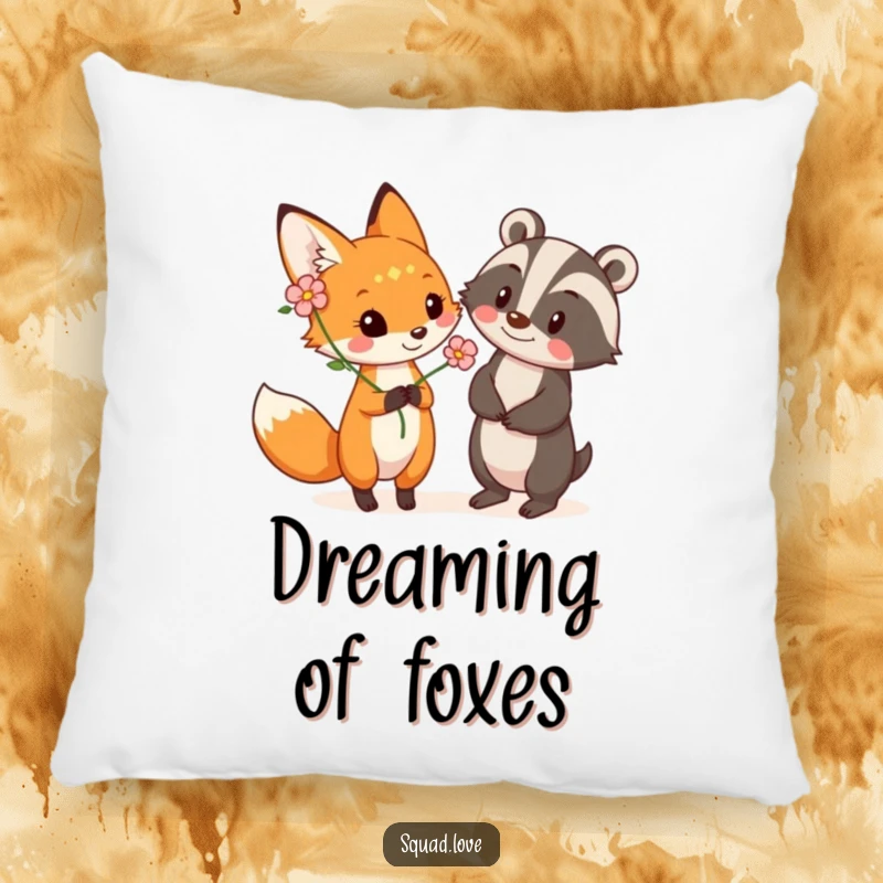 Funny plush pillow featuring a playful fox offering a flower to a smiling badger, adding woodland charm and comfort.