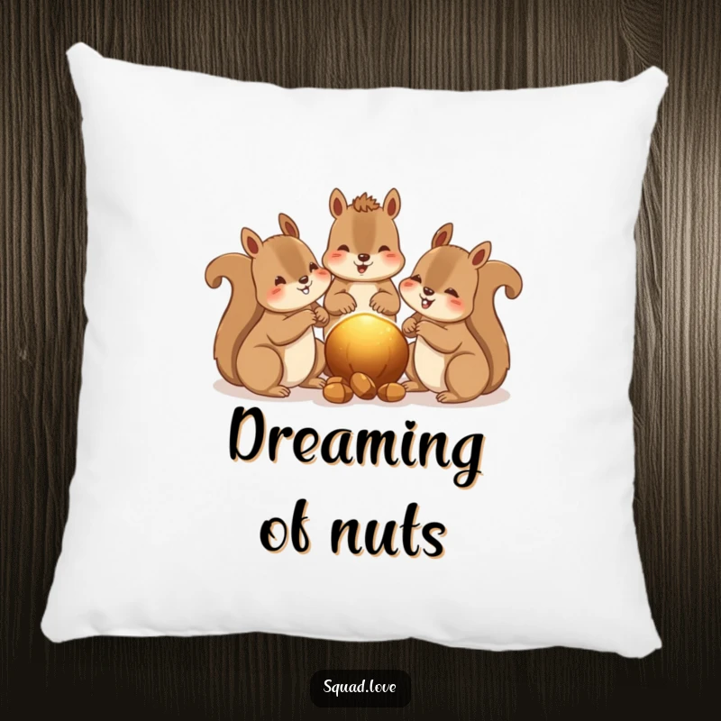 Funny pillow featuring happy squirrels sharing nuts, with a warm glow between them, for cozy relaxation.