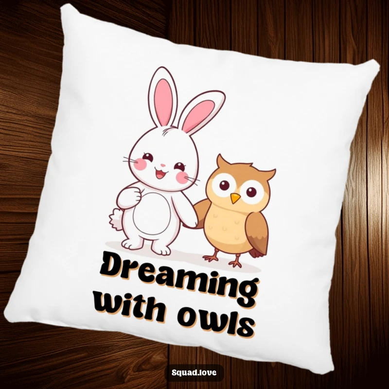 Funny pillow featuring a beaming kawaii bunny holding hands with a smiling owl, perfect for cozy comfort and decor.
