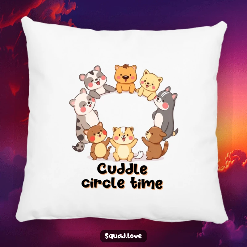 Funny, soft pillow showing diverse animal friends holding hands in a circle, laughing together, perfect for relaxation.