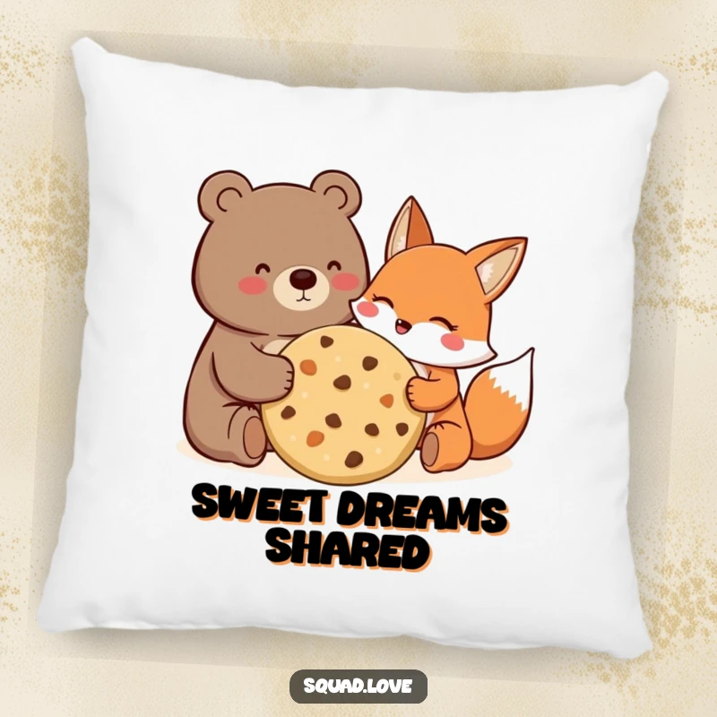 Funny Pillow showing a happy bear and fox sharing a giant cookie, conveying warmth and friendship.