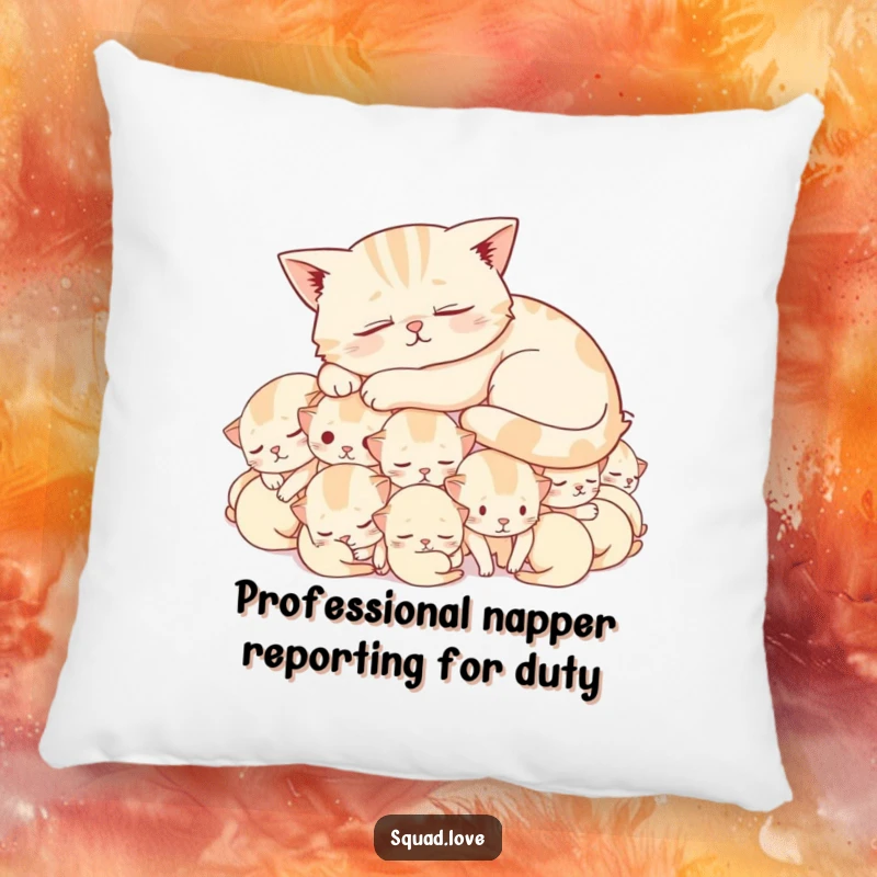 Funny pillow showcasing a deeply relaxed cat snoozing on a cozy pile of cheerful, slumbering kittens, a delightful humorous touch.
