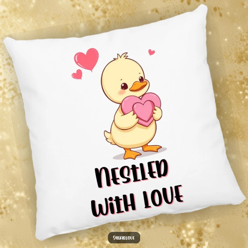 Funny Duckling Pillow: A baby duckling tenderly offers a handmade heart to its parents, a soft and sweet decoration embodying family love.