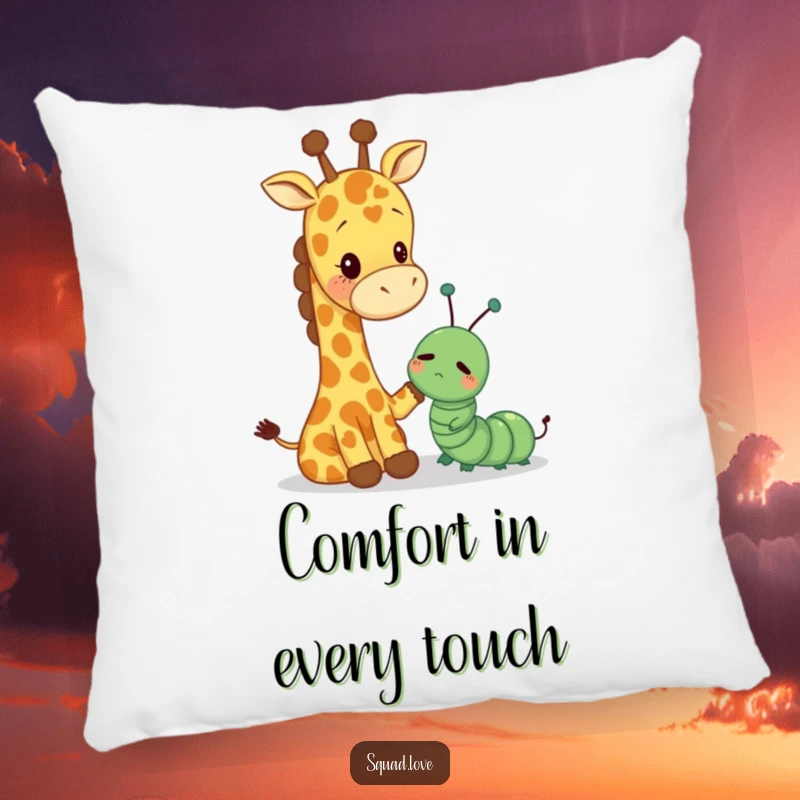 Funny pillow showing a tall giraffe providing a comforting pat to a small, dejected caterpillar, perfect for a cozy space.