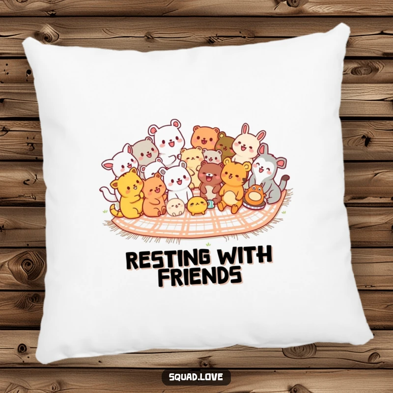 Funny kawaii animals pillow cushion, diverse cute creatures laughing together on a picnic blanket, designed for ultimate comfort.