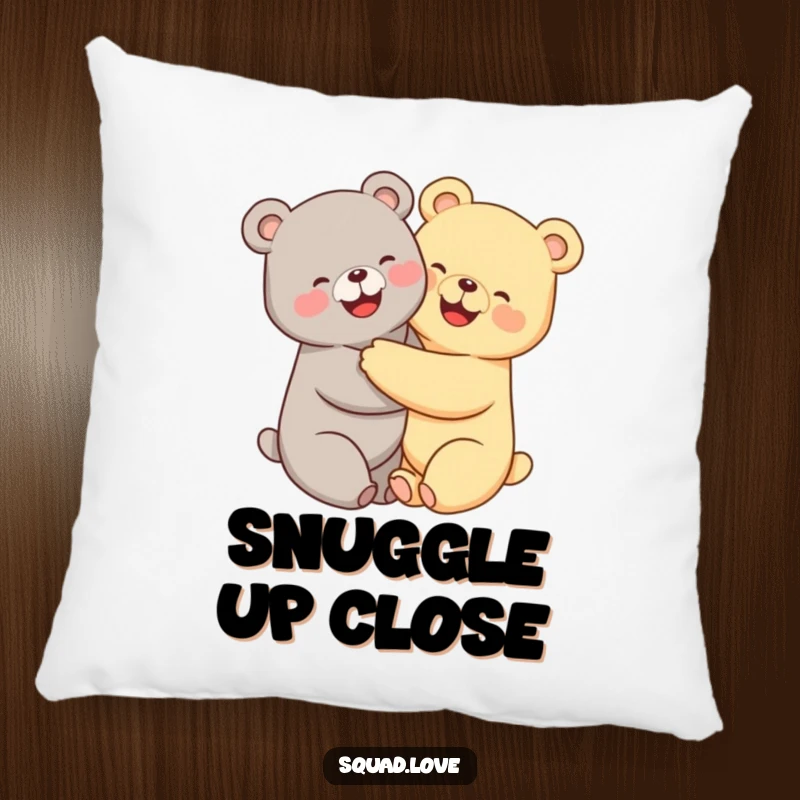 Funny kawaii bears pillow cushion, two adorable bears hugging tightly with beaming smiles, designed for ultimate comfort.