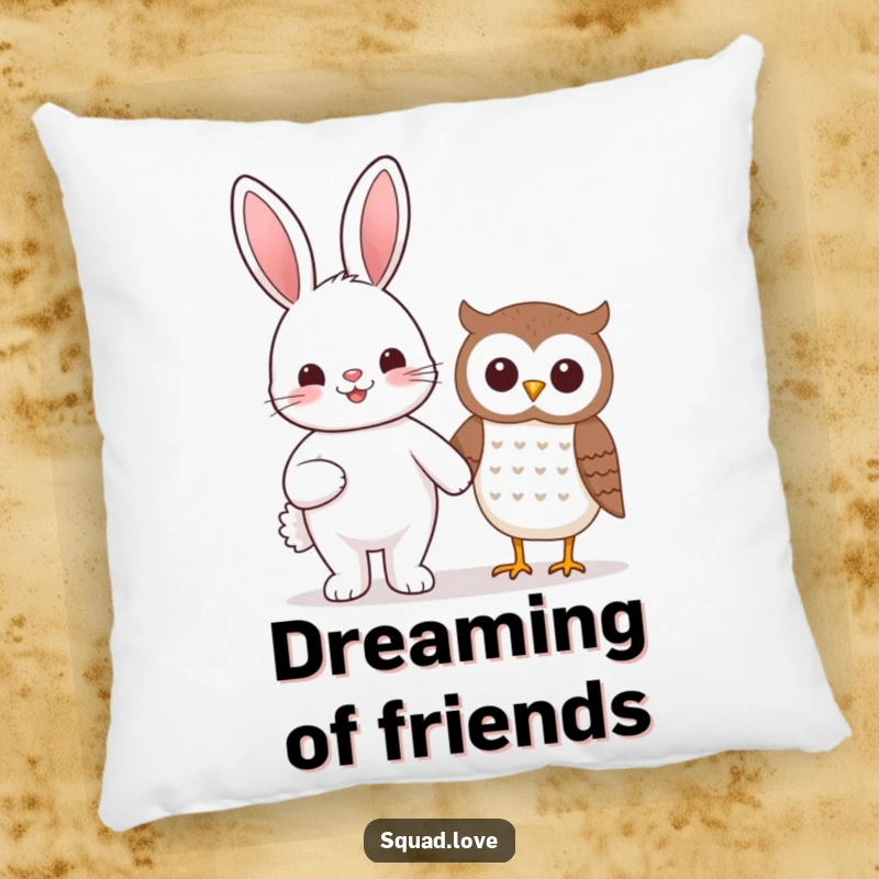 Funny beaming kawaii bunny and smiling owl holding hands, on a soft and decorative pillow.