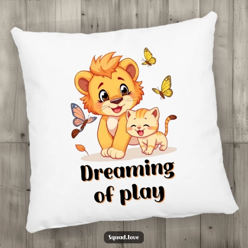 Funny pillow showcasing a lion cub playfully chasing a butterfly, with a grinning kitten adding to the fun.