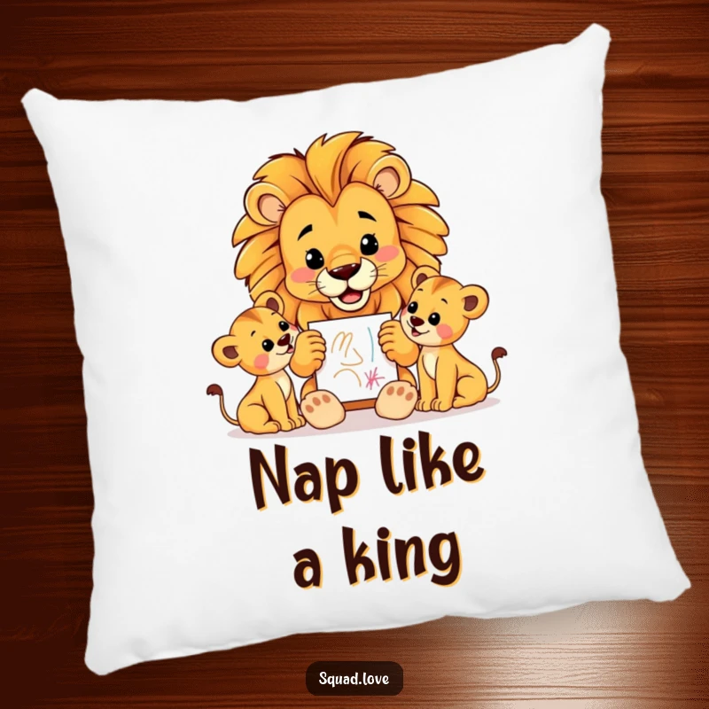 Funny pillow depicting a proud lion father displaying a crayon drawing to his cubs, offering soft comfort and warm paternal pride.