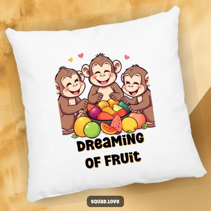 Funny Monkey Pillow: A group of smiling monkeys sharing a fruit feast, offering comfort and a humorous jungle theme.