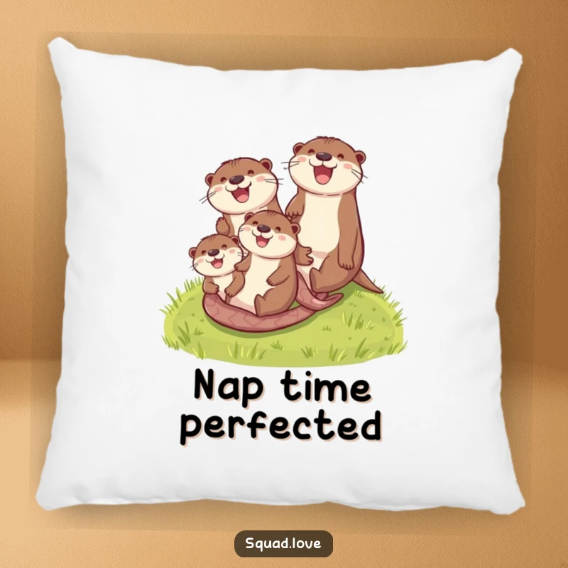 Funny otter family pillow showcasing happy otters sliding down a verdant grassy hill, offering comfort and a dose of humor.