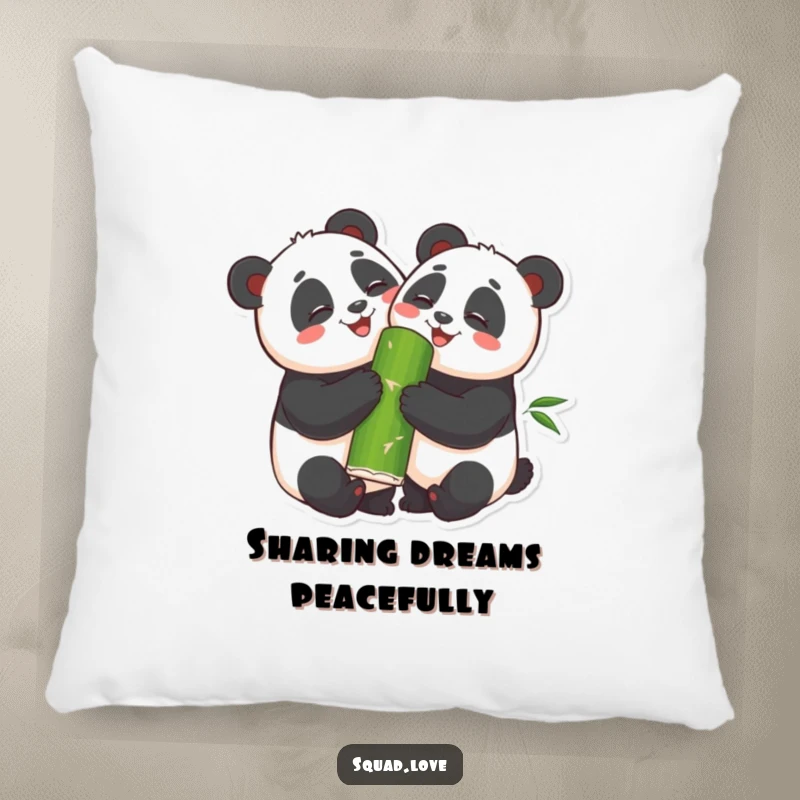 Funny Pillow featuring a soft design of two smiling pandas hugging and sharing bamboo, providing comfort and a heartwarming humorous touch.