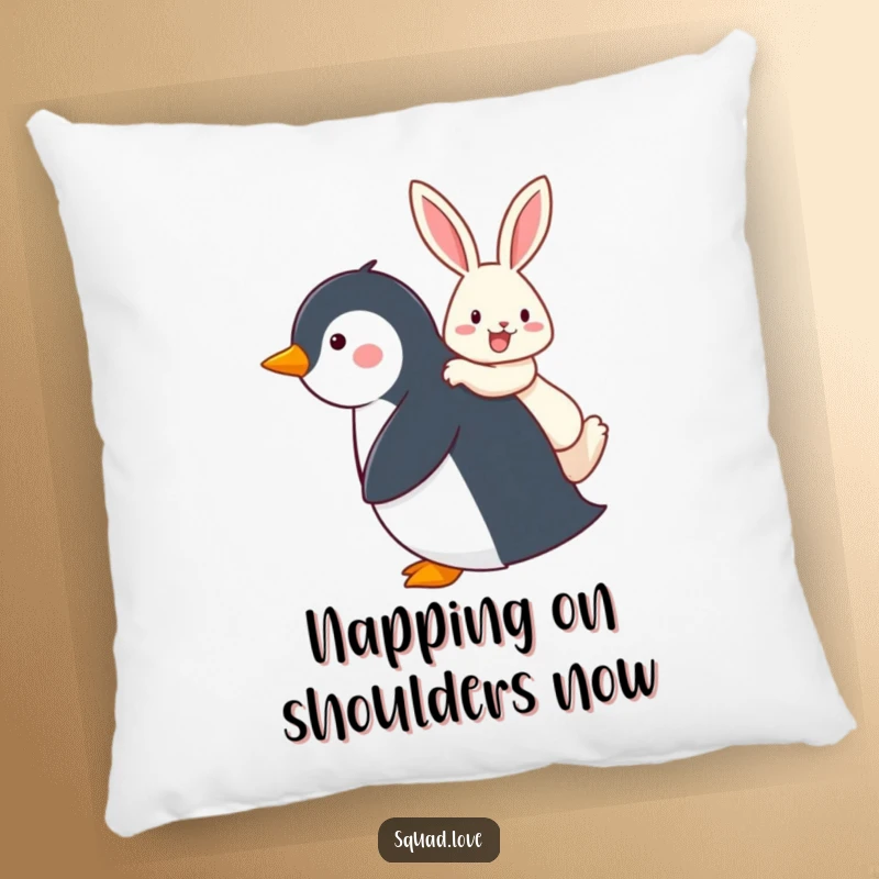 Funny pillow featuring a penguin giving a happy rabbit a piggyback ride, symbolizing companionship and soft comfort.