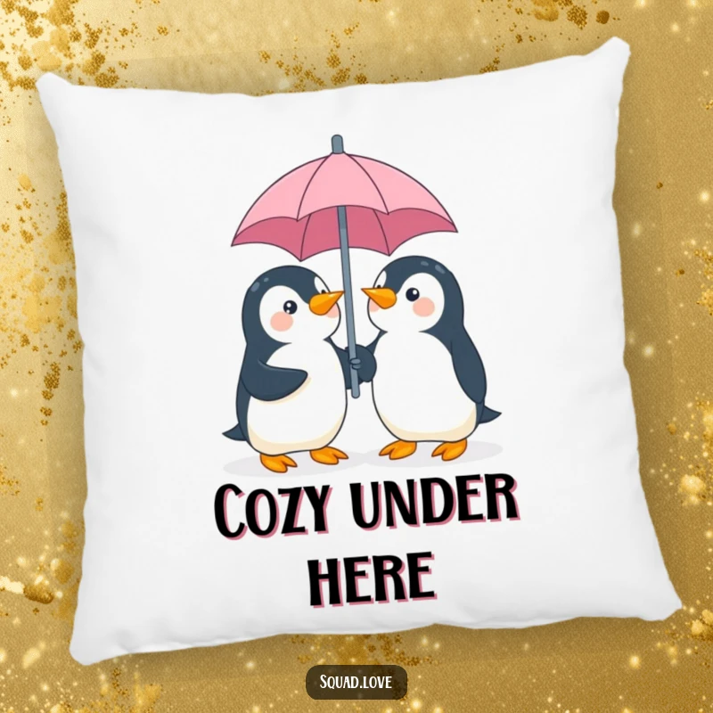 Funny penguin umbrella pillow, showing two playful penguins giggling while sharing an umbrella, a comfortable and charming decor accent.