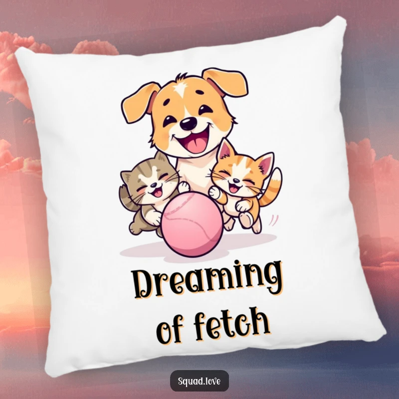 Funny pillow decorated with a happy dog and cat playfully chasing a ball, offering comfort and a touch of pet cheer.