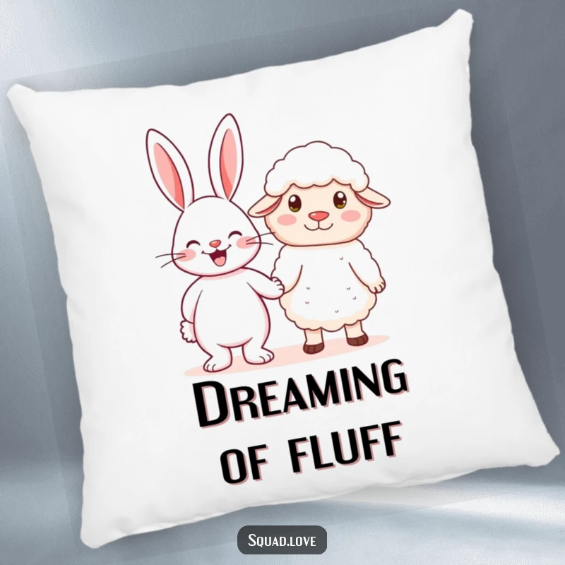 Funny decorative pillow with a cheerful rabbit holding hands with a fluffy sheep, symbolizing sweet friendship and comfort.