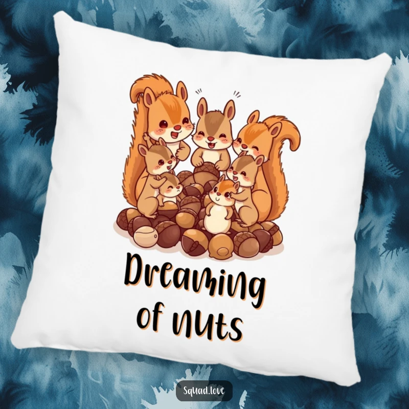 Funny pillow showcasing a squirrel family piled high with acorns, chattering with glee, offering comfort and a humorous woodland scene.