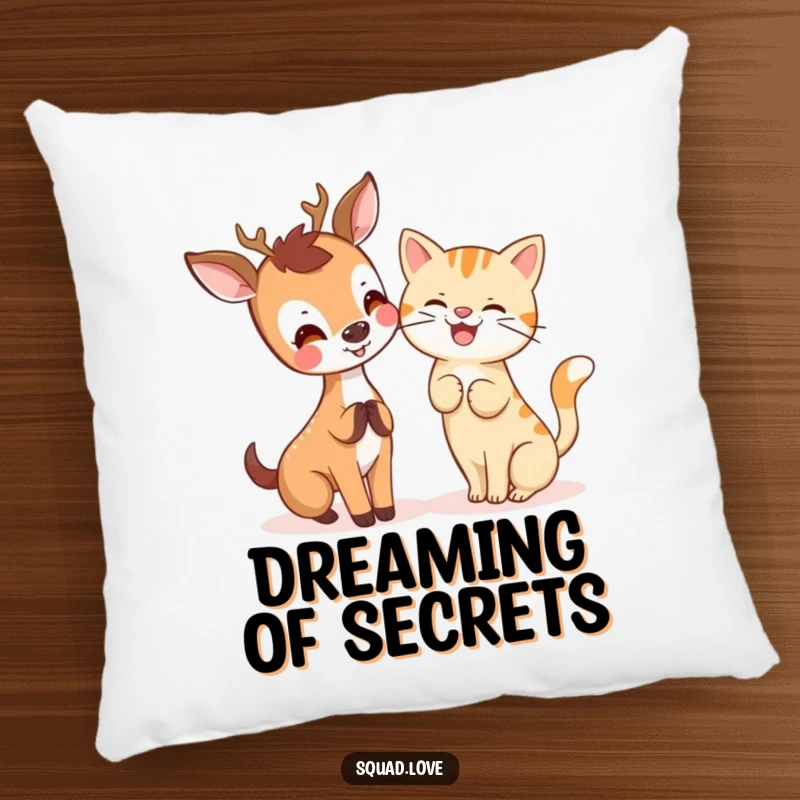 A joyful kawaii deer sharing a secret with a giggling cat, depicted on a soft and decorative pillow.