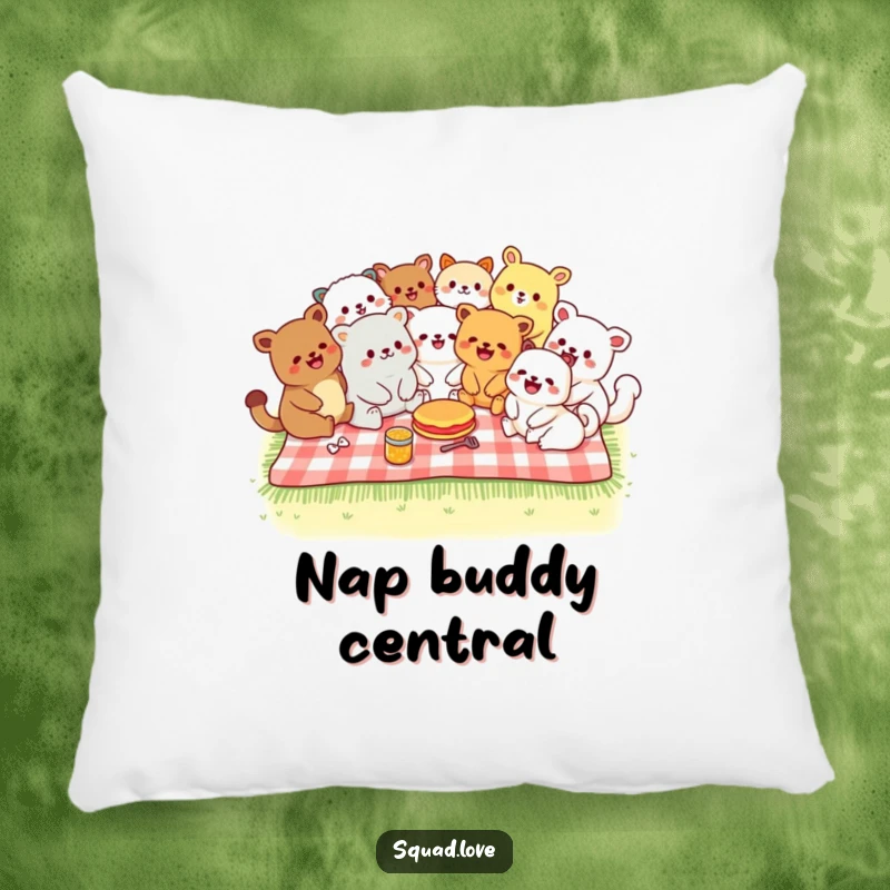 Funny pillow featuring diverse kawaii animals laughing on a picnic blanket, perfect for cozy comfort and cheerful decor.