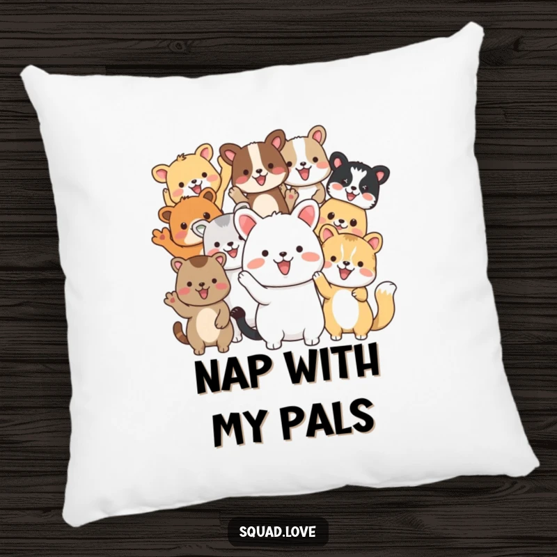 Funny pillow featuring diverse animal friends waving enthusiastically, offering comfort and a cheerful symbol of friendship and togetherness.