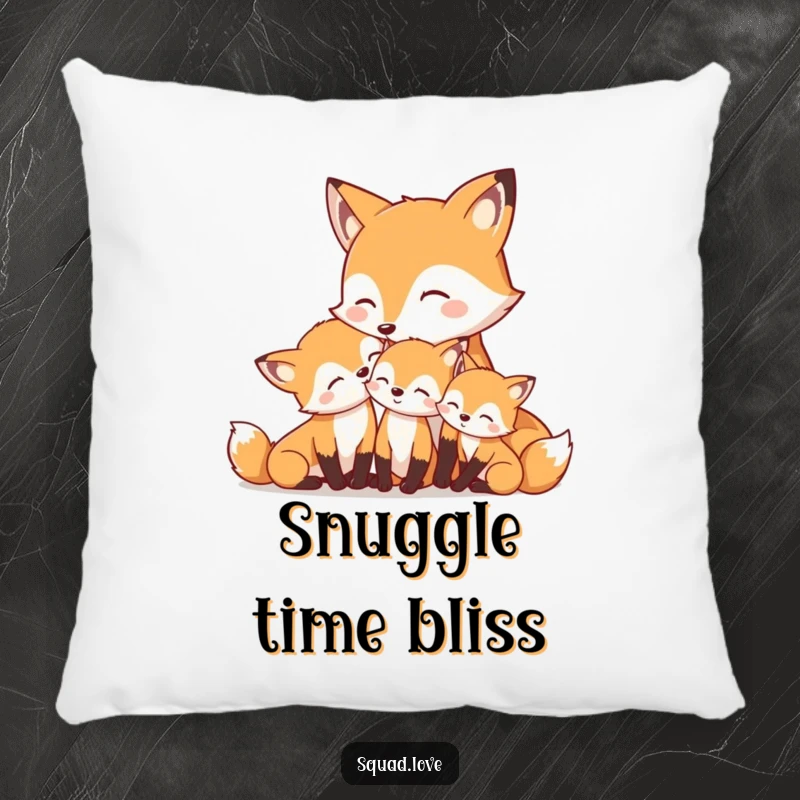Funny, soft pillow showing a mother fox nuzzling her smiling kits, perfect for comfort and tender decor.