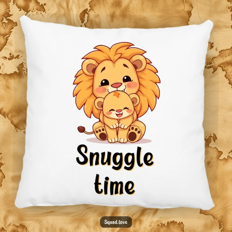 Funny lion family pillow, showing a proud lion cub embraced by a larger lion, both smiling, a cozy and heartwarming decor accent.
