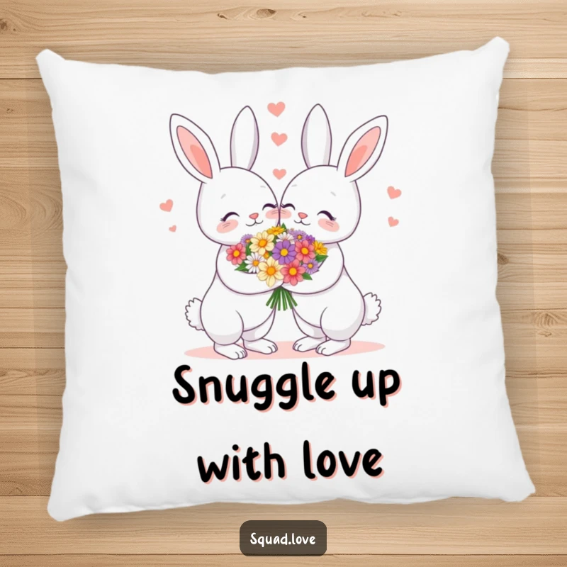 Funny pillow featuring a loving bunny couple sharing a flower bouquet, designed for cozy comfort and romantic decor.