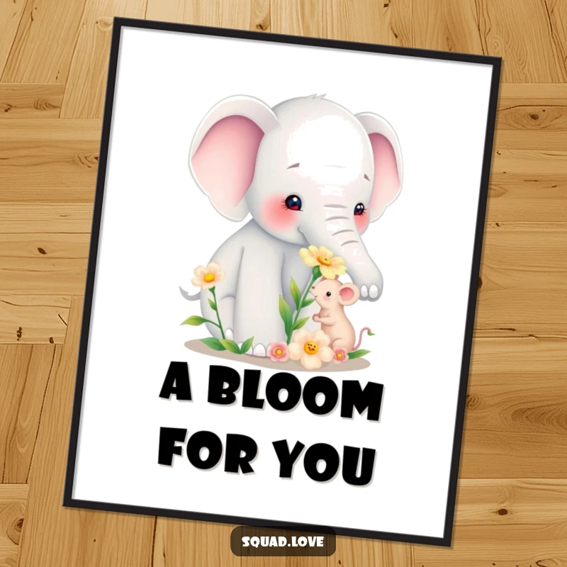 Funny digital art of a gentle elephant offering a delicate flower to a minuscule mouse, capturing an unforgettable moment of connection.