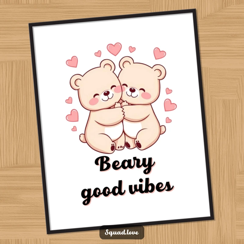 Funny digital art print of two cheerful bears hugging tightly, surrounded by hearts, symbolizing love and joy.