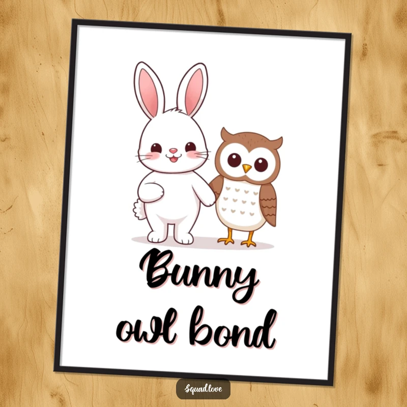 Funny beaming kawaii bunny and smiling owl holding hands, offered as a delightful digital art print.