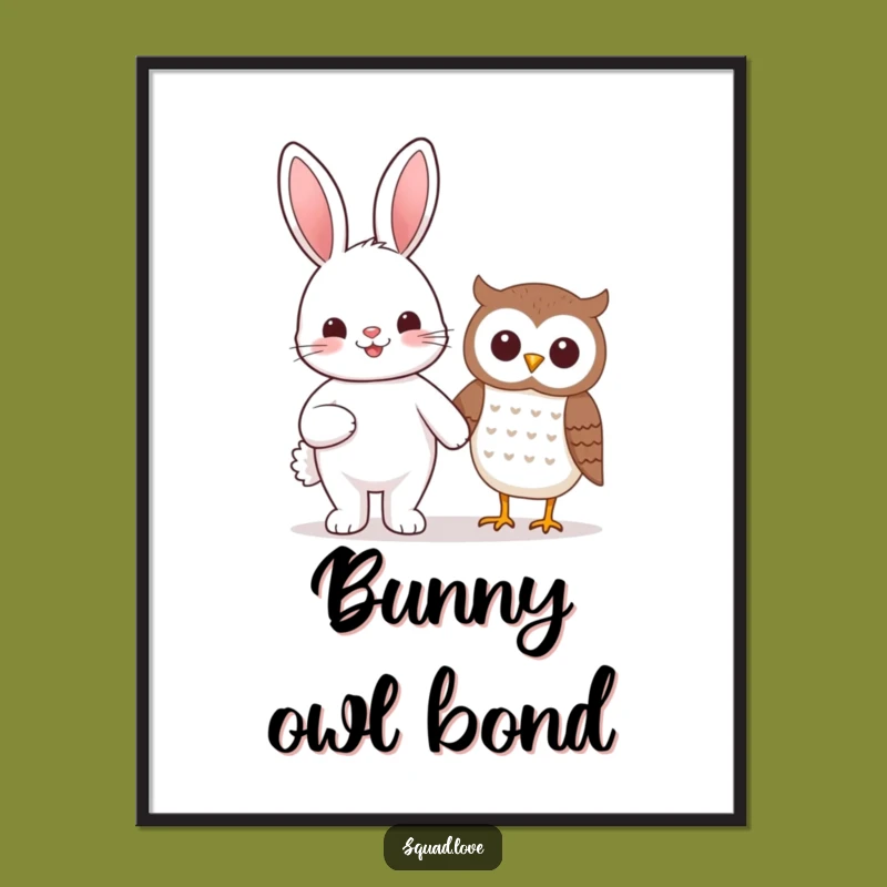 Funny Kawaii Bunny & Owl Digital Art - Instant Friendship Decor