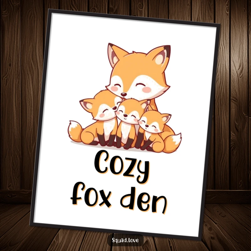 Funny digital art print of a mother fox tenderly nuzzling her smiling kits, conveying warmth and contentment.