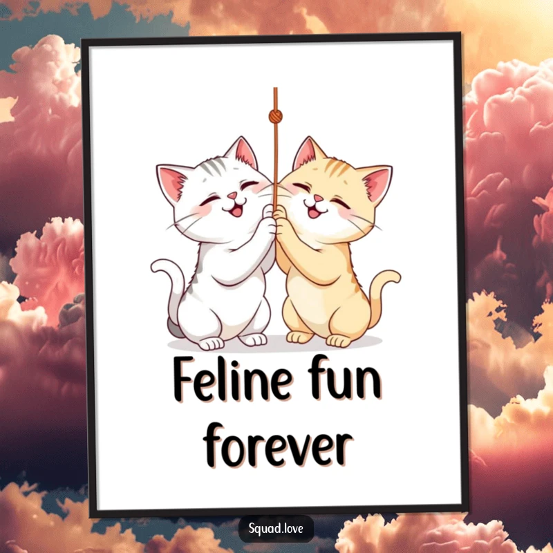Funny digital art print of two cats joyfully batting at a dangling string, embodying playful feline spirit. Instant decor.