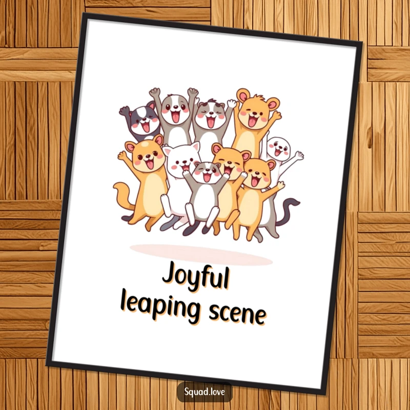Funny digital art print of diverse animals leaping and cheering together, capturing a moment of pure, shared celebration and excitement.