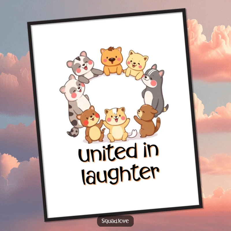 Funny digital art print of diverse animal friends holding hands in a circle, laughing heartily, symbolizing unity and joy.