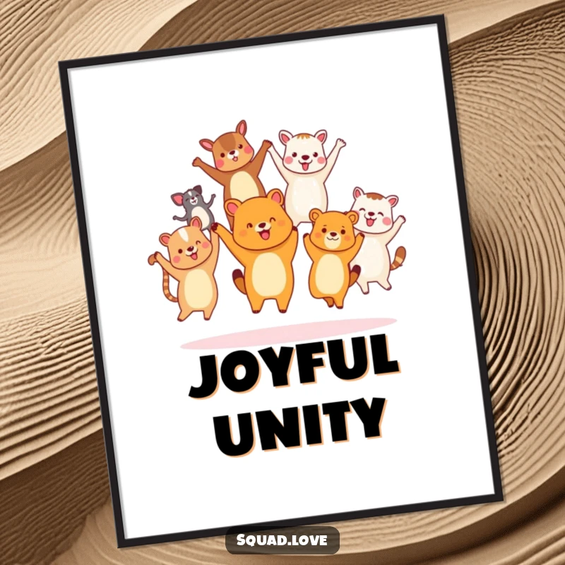 Funny diverse animal friends digital art print, holding hands and jumping joyfully, capturing energetic unity and shared happiness.