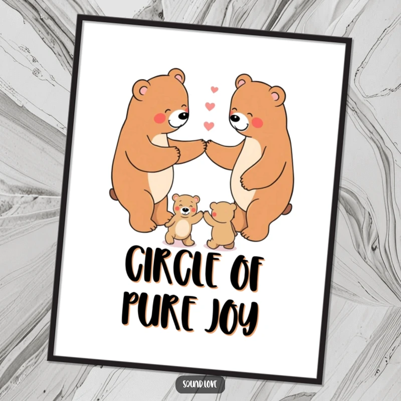 Funny Digital Art Print of a happy bear family dancing in a circle, perfect for heartwarming and humorous wall art downloads.