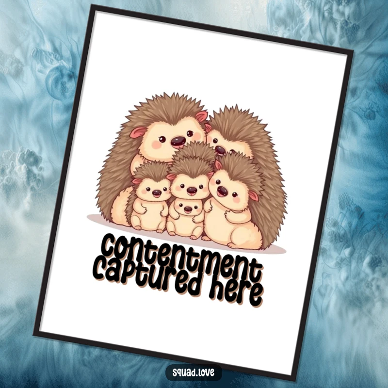 Funny digital art print of a cozy hedgehog family huddled together, conveying warmth and contentment. Instant decor.