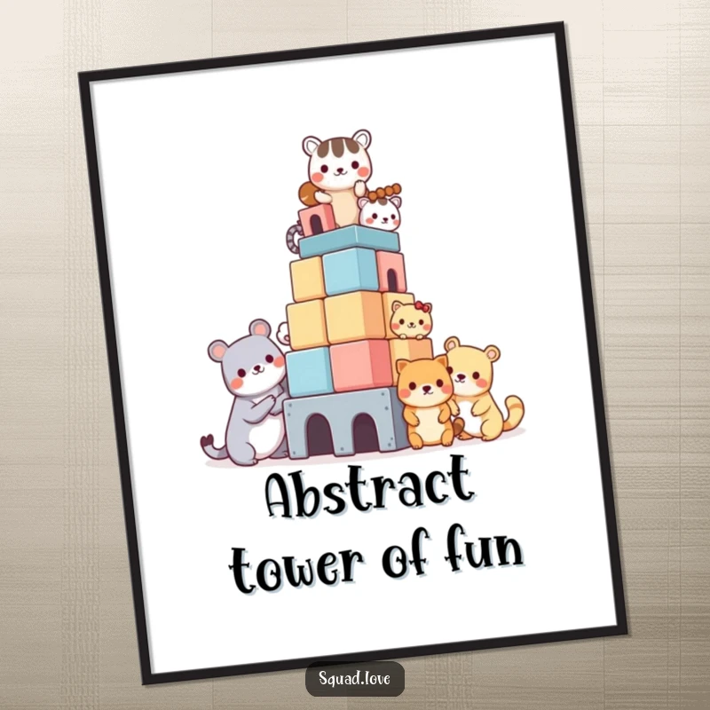 Funny digital art print featuring kawaii animals collaborating to build a magnificent block tower, ready for instant download and display.