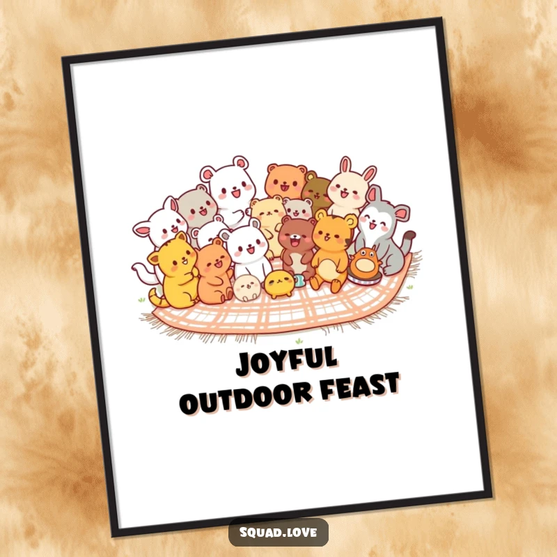 Funny kawaii animals digital art print,diverse cute animals laughing together on a picnic blanket, ready for printing.