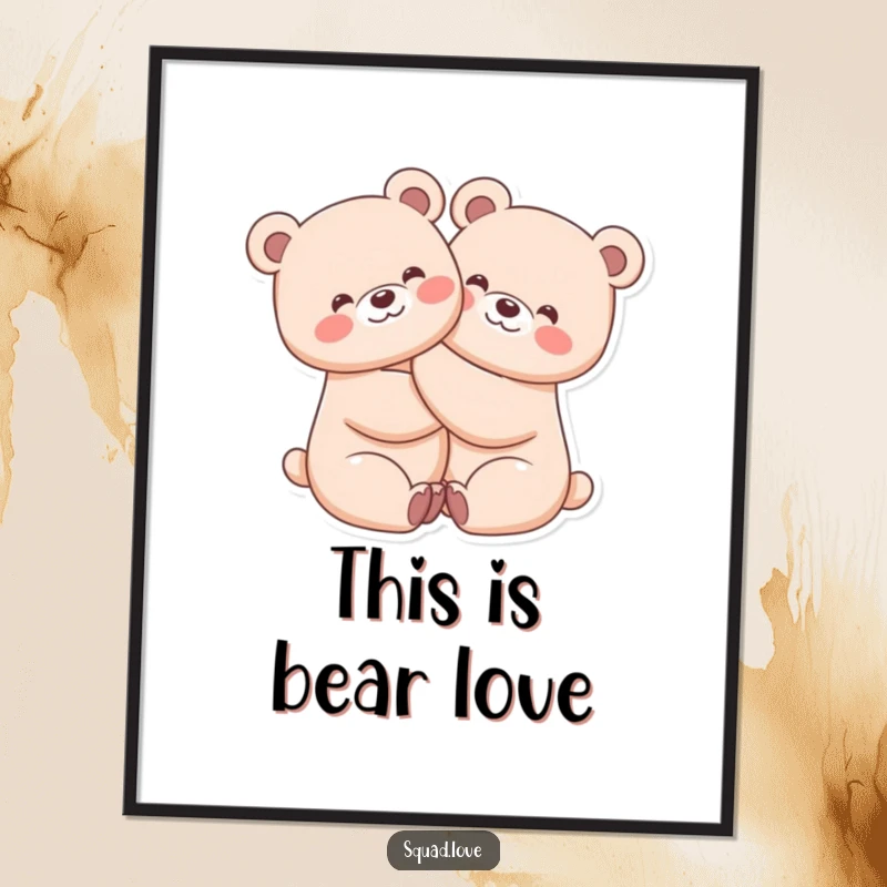 Funny digital art print of two kawaii bears in a tight, beaming hug, radiating happiness and friendship.