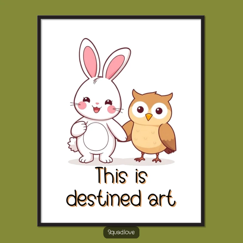 Funny Kawaii Bunny & Owl Digital Art - Whimsical Friendship, Instant Funny Gift