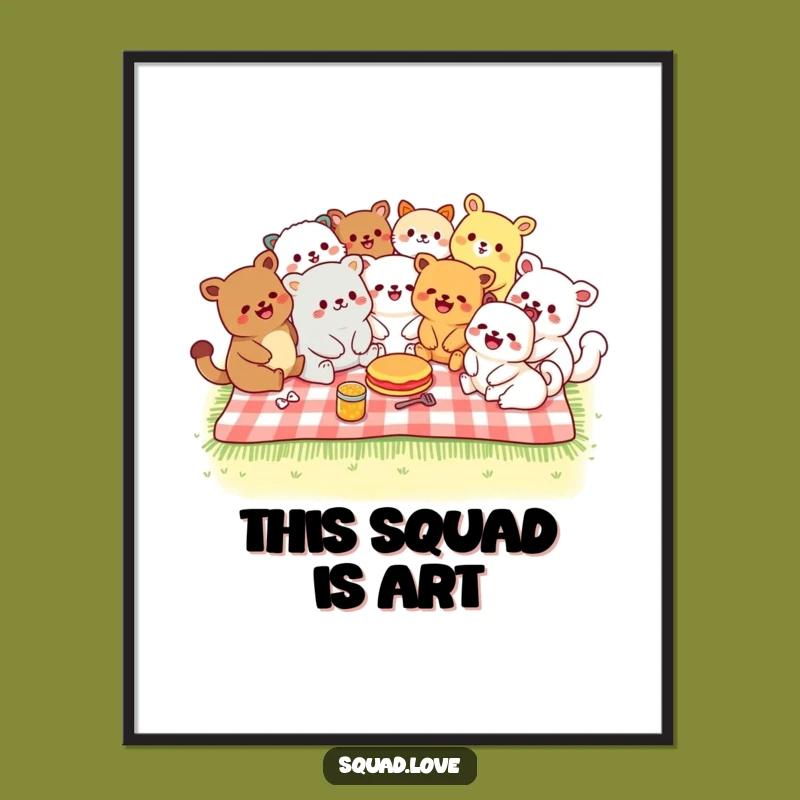 Funny Kawaii Picnic Digital Art - Joyful Gathering, Instant Funny Gift Download