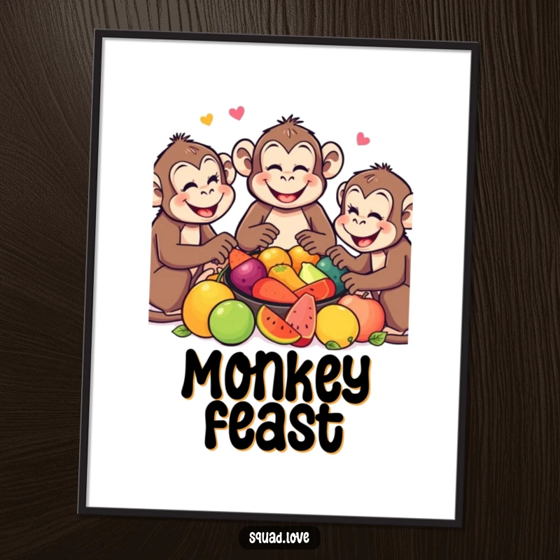 Funny Monkey Digital Art Print: Smiling monkeys sharing a colorful fruit feast, a downloadable artwork full of joy and camaraderie.