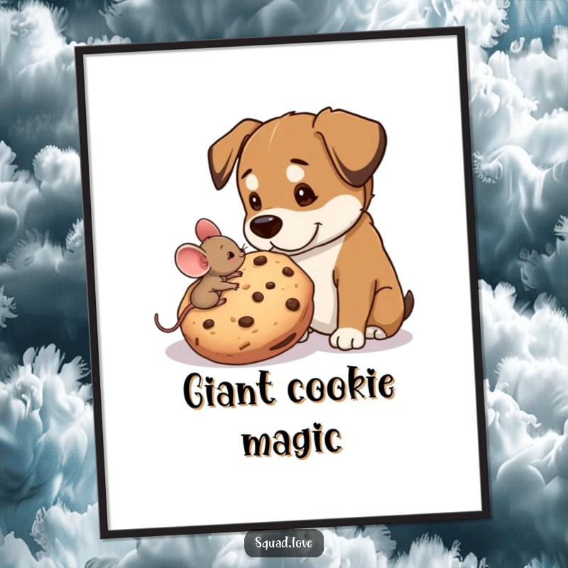 Funny digital art print of a tiny mouse sharing a giant cookie with a big dog, symbolizing friendship, kindness, and sweet moments.